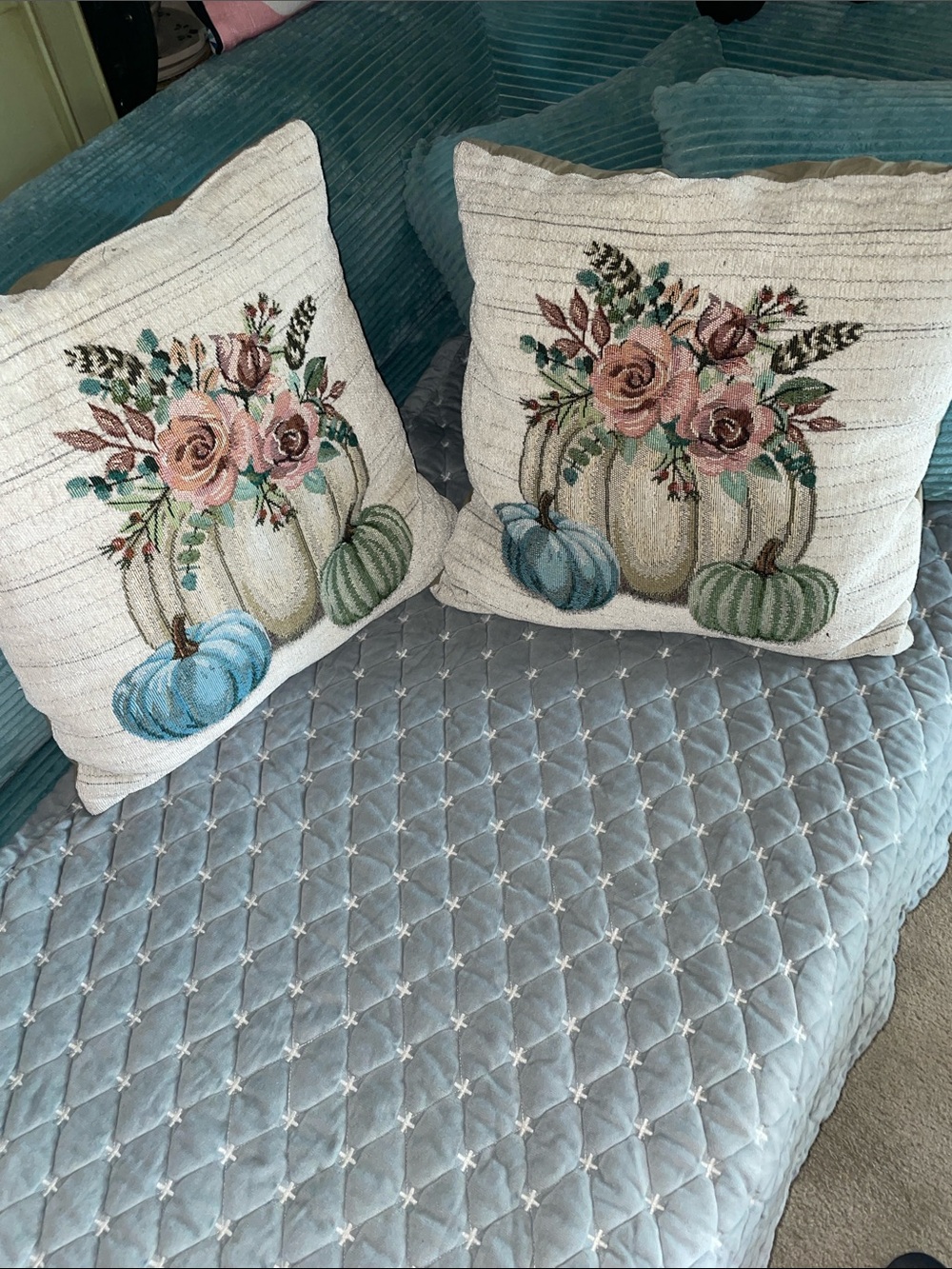 Pair of 17” x 17” tapestry-style Autumn accent pillows